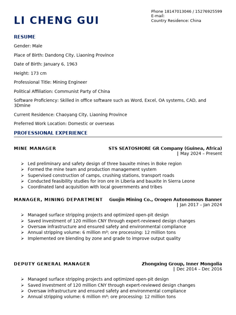 Mining Engineer Resume of Li Cheng Gui | PDF | Mining | Minerals