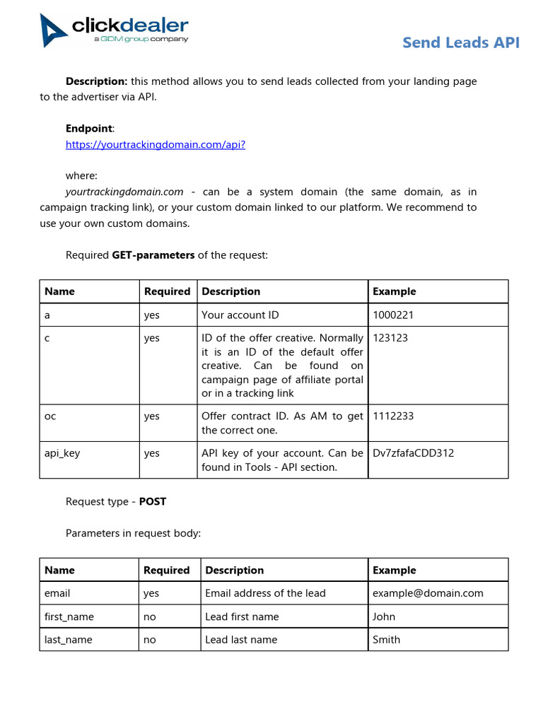 Send Leads API Documentation | PDF | Computing | Internet