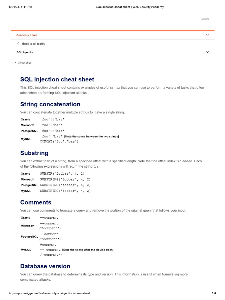 SQL Injection Cheat Sheet Guide | PDF | Postgre Sql | My Sql