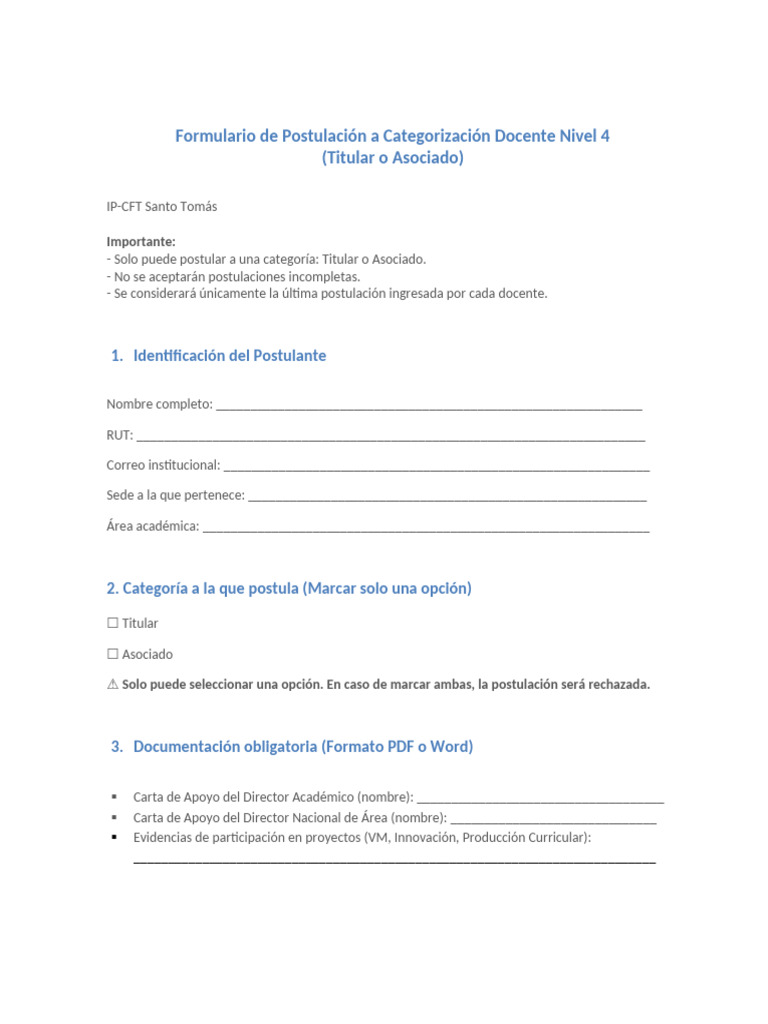 Formulario Postulacion Categorizacion Docente Nivel4 | PDF
