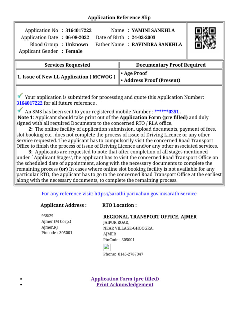 Application Reference Slip for LL 3164017222 | PDF