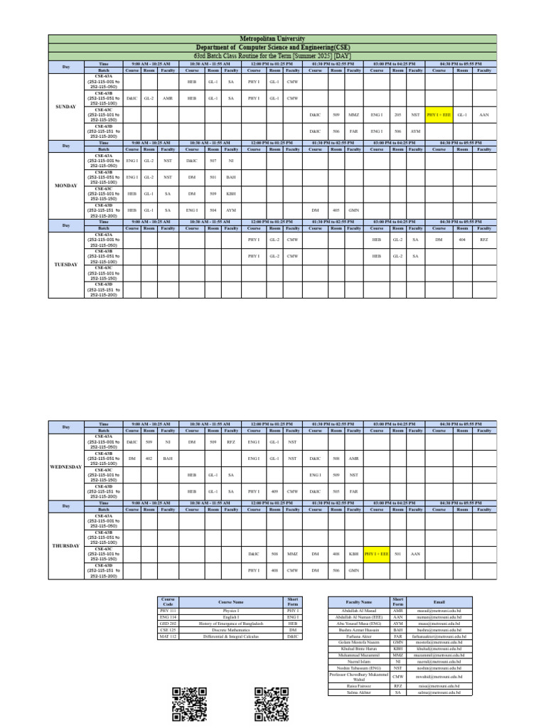CSE-63 ClassRoutine Summer25 | PDF | Mathematics