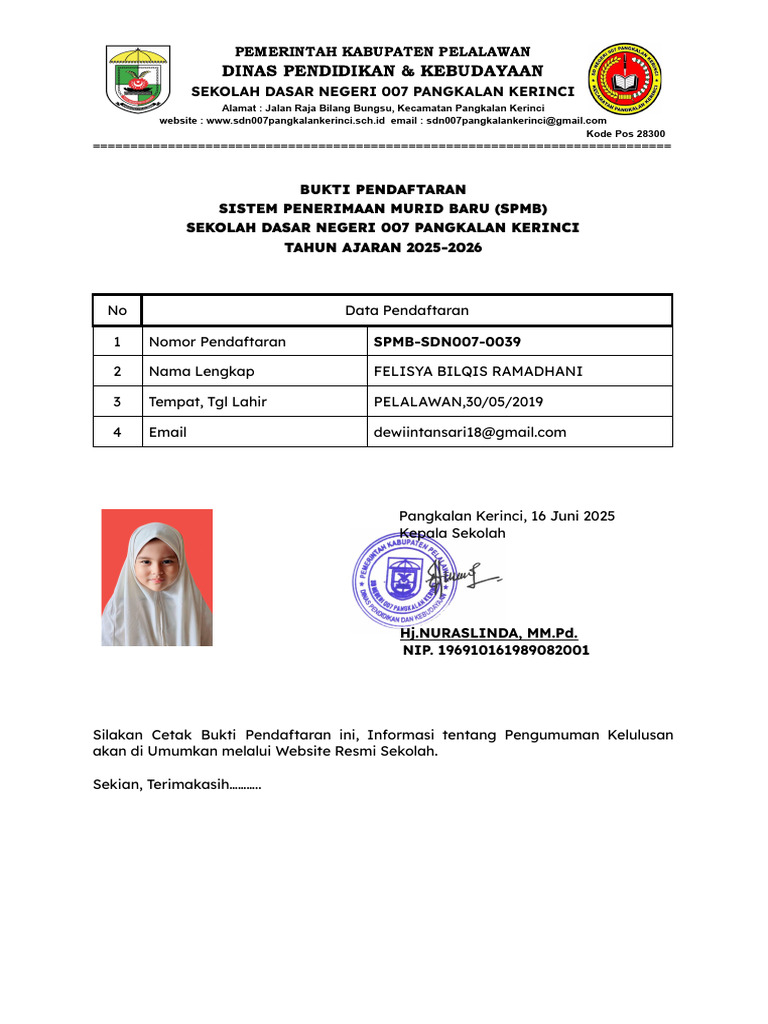 Bukti Pendaftaran SPMB Tahun 2025 - Felisya Bilqis Ramadhani | PDF