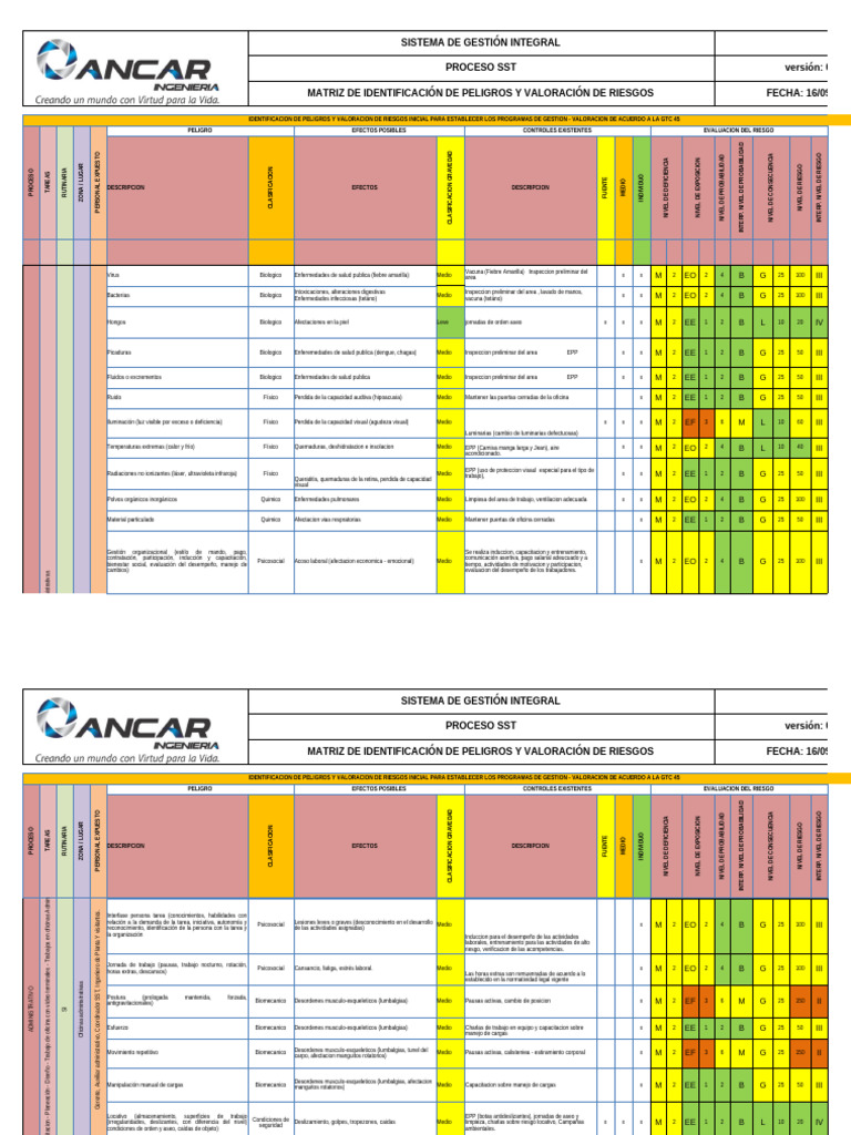 Matriz de Riesgos y Peligros SST 2024 | PDF | Evaluación de riesgos ...
