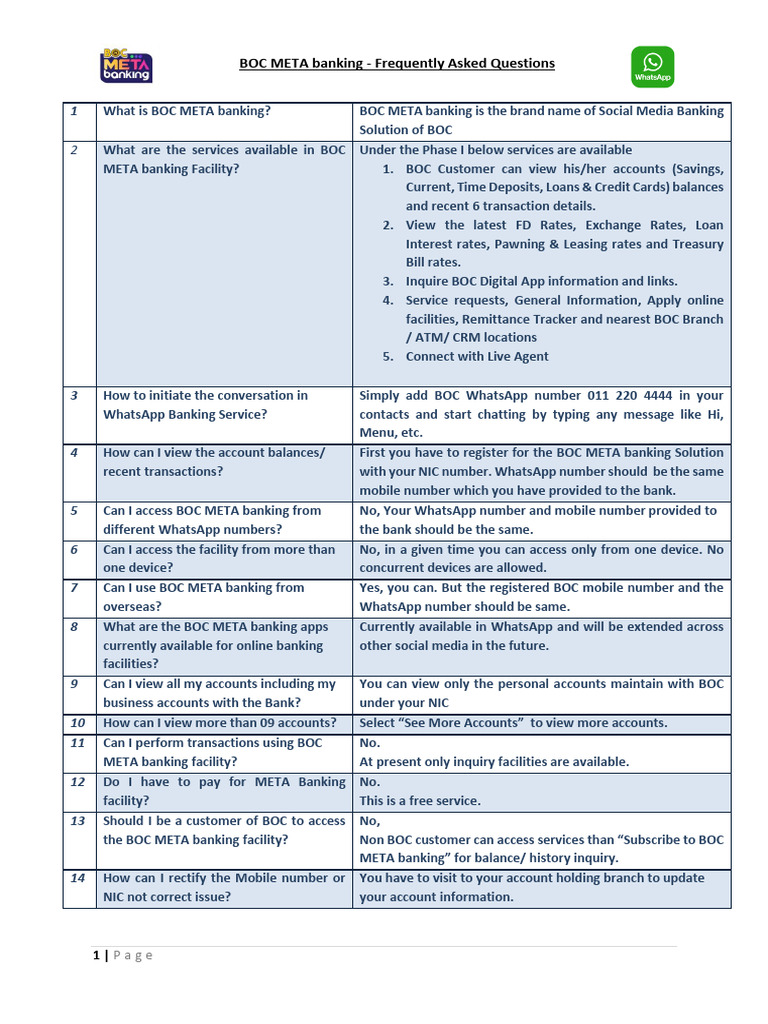 BOC META Banking FAQs and WhatsApp Info | PDF | Banks | Subscription ...