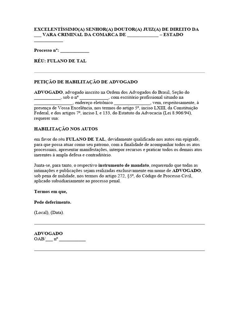 Modelo Pedido de Habilitação | PDF