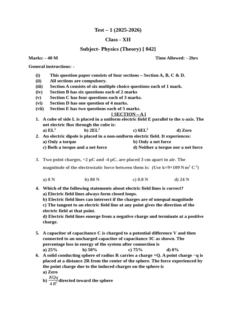 Physics Class XII Test -1 2025-26 | PDF | Capacitance | Electric Field