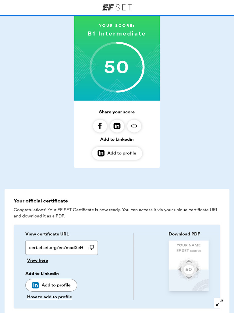 EF SET Certificate Access and Score | PDF