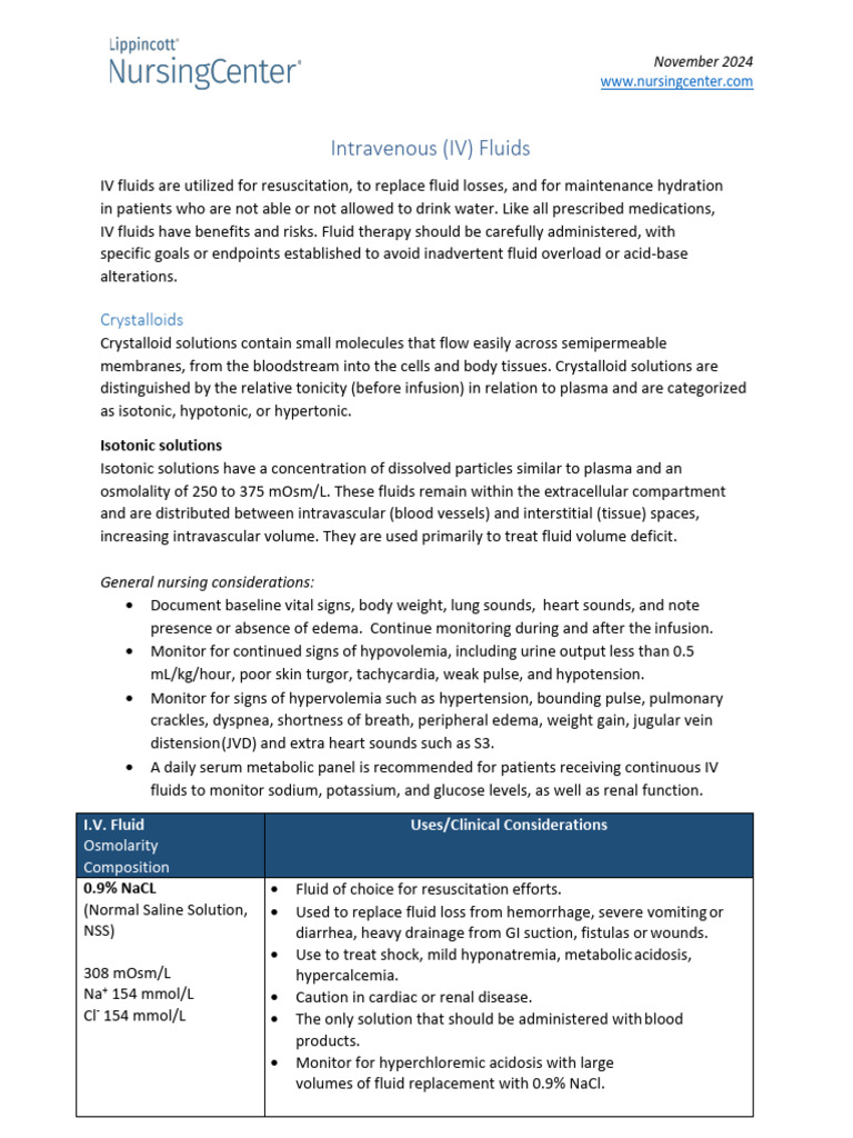 IV Fluids: Types and Clinical Uses | PDF | Intravenous Therapy ...