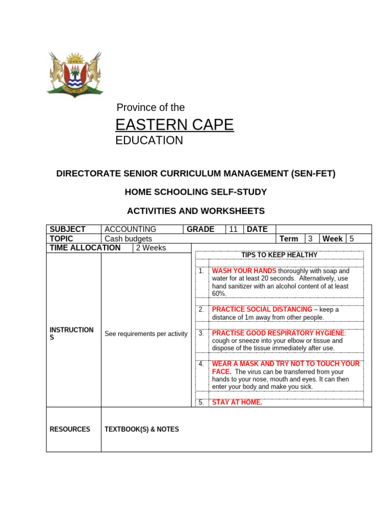 Grade 11 Accounting Cash Budget Worksheets | PDF | Payments | Budget