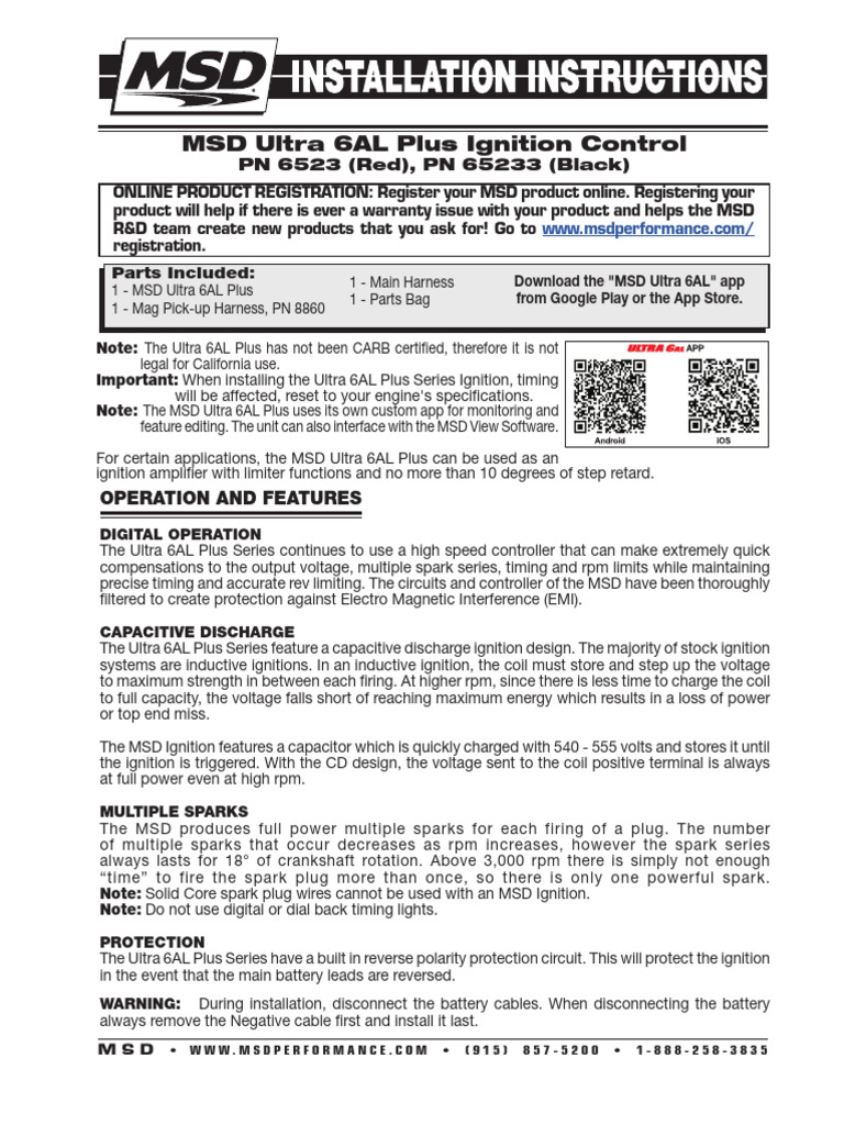 MSD Ultra 6AL Plus Installation Guide | PDF | Ignition System | Diode