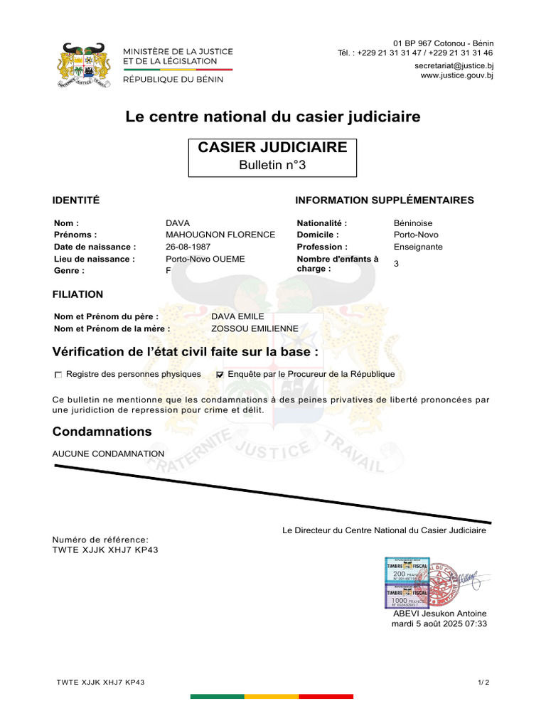 Bulletin n°3 du casier judiciaire Dava | PDF | Justice | Crime et violence
