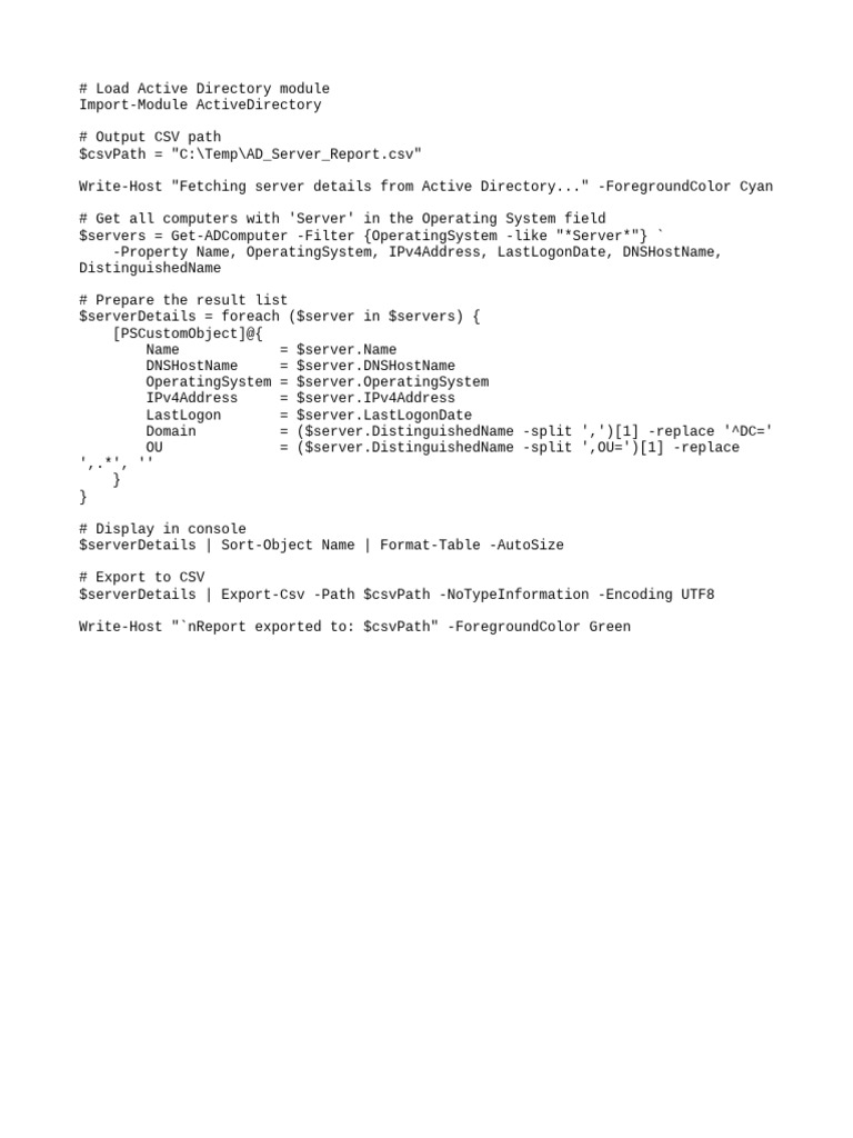 Active Directory Server Report Script | PDF