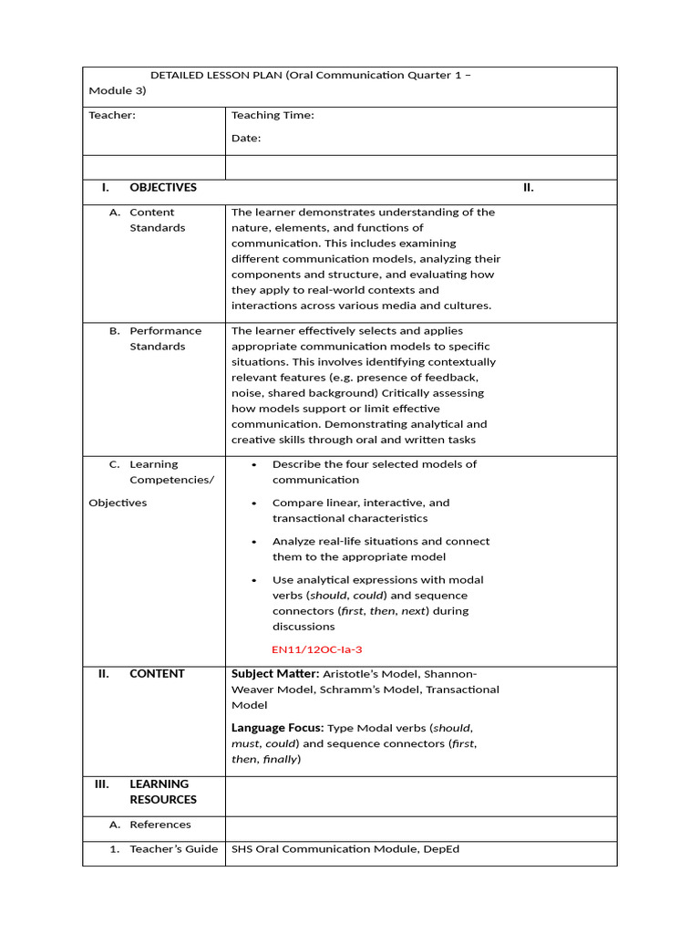Communication Models Lesson Plan | PDF | Communication | Human ...