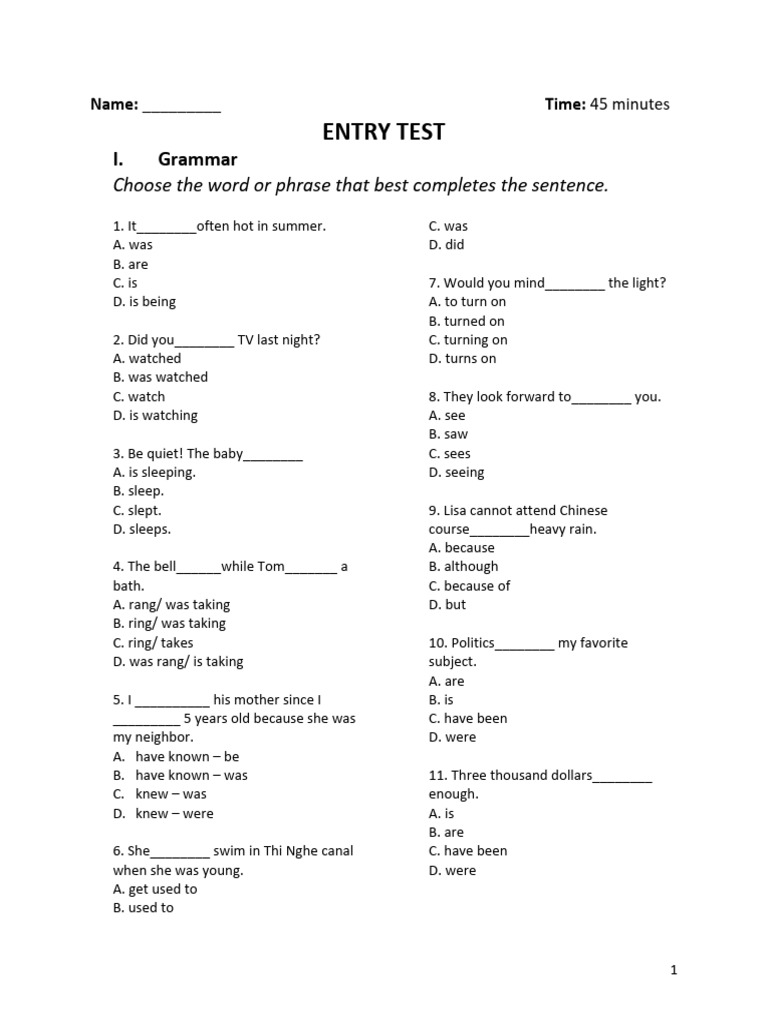 Grammar and Vocabulary Entry Test | PDF | Chess Openings | Chess
