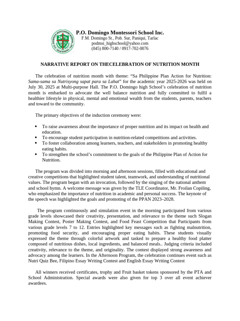 Narrative Report Nutrition Month | PDF