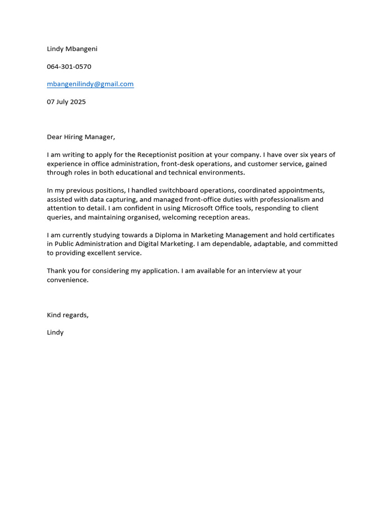 Receptionist Application by Lindy Mbangeni | PDF