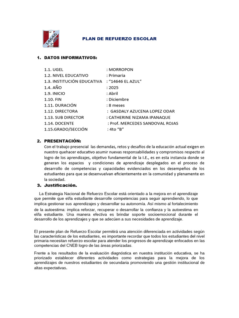 Plan de Refuerzo Escolar 2025 | PDF | Aprendizaje | Plan de estudios
