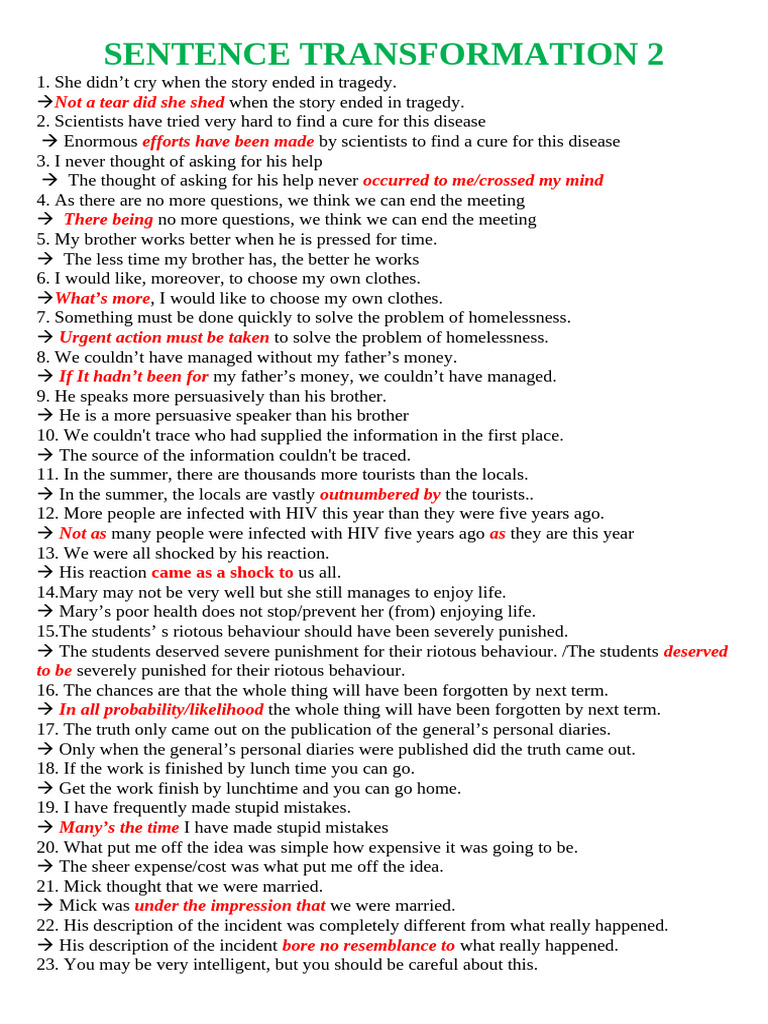 Sentence Transformation Examples | PDF
