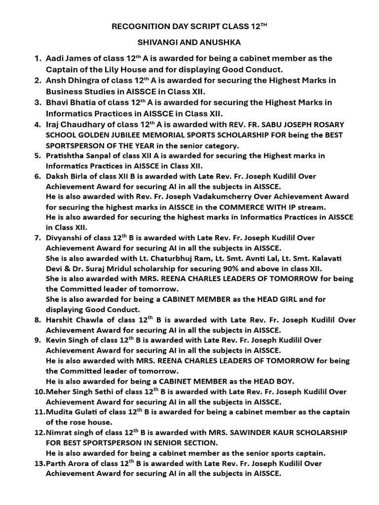 Recognition Day Script Class 12th | PDF