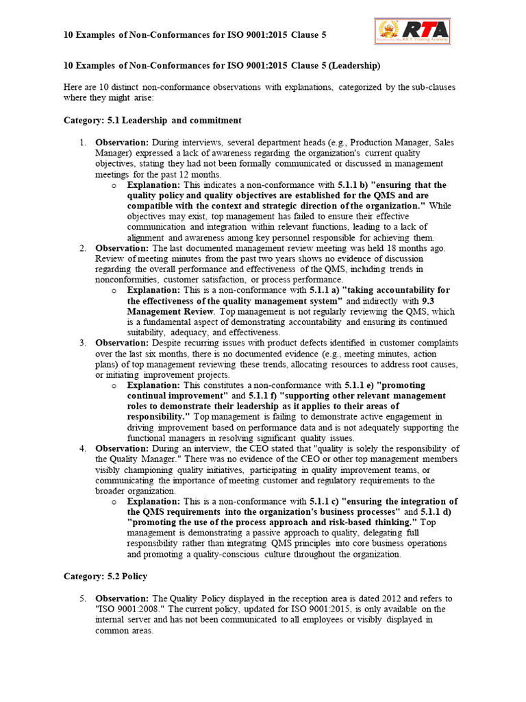 ISO 9001:2015 Non-Conformance Examples | PDF | Quality Management ...