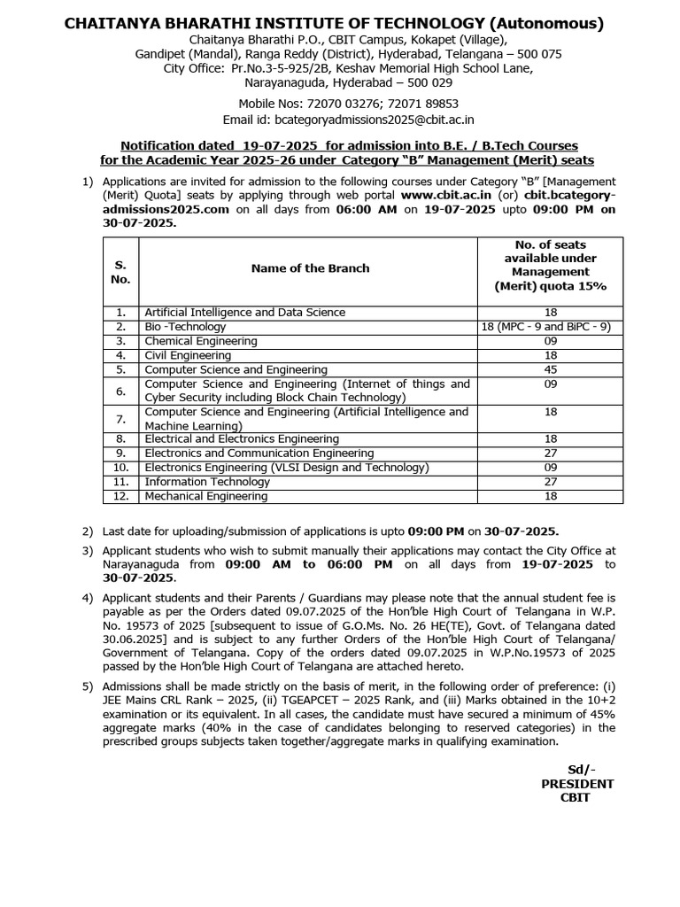 CBIT Management Quota Admissions 2025 | PDF | Computing | Engineering