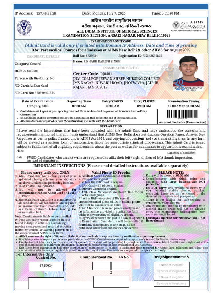 AIIMS Exam Admit Card Requirements | PDF | Identity Document ...