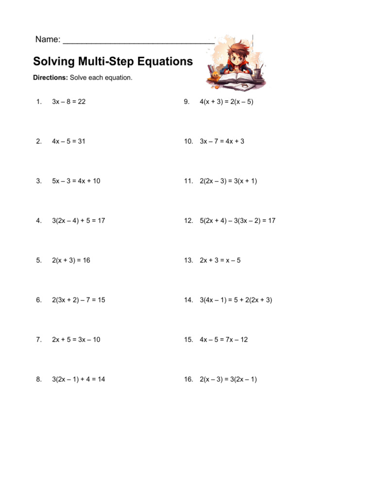 Multi-Step Equation Practice Worksheet | PDF