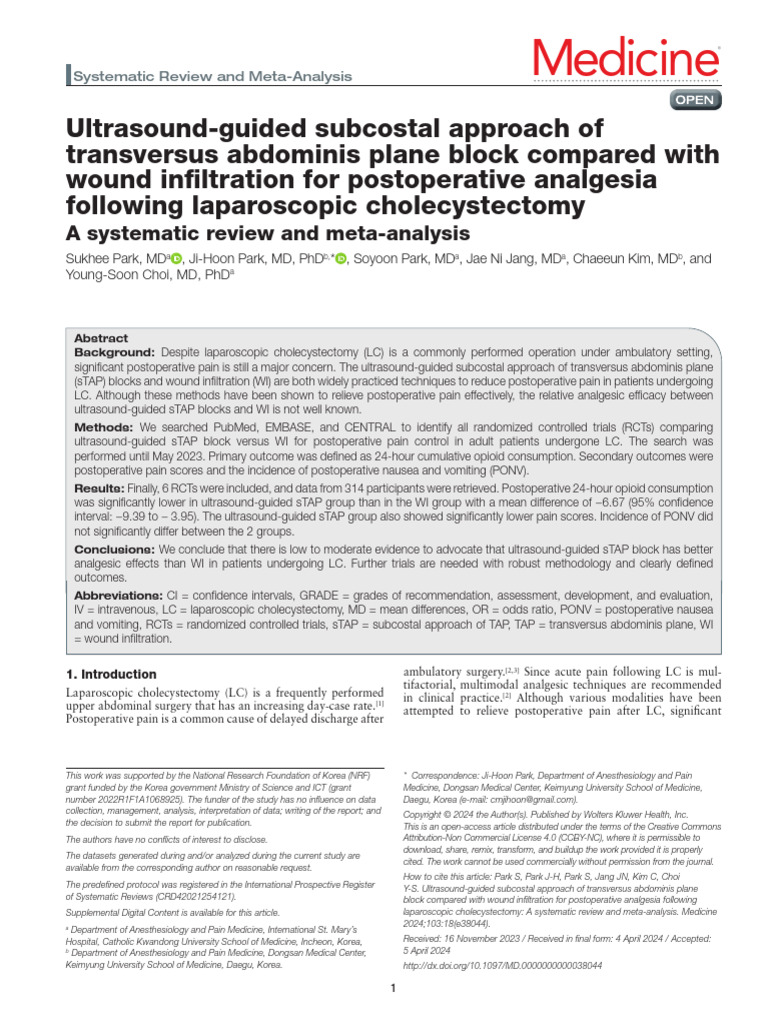 sTAP vs. Wound Infiltration for LC Pain | PDF | Systematic Review ...