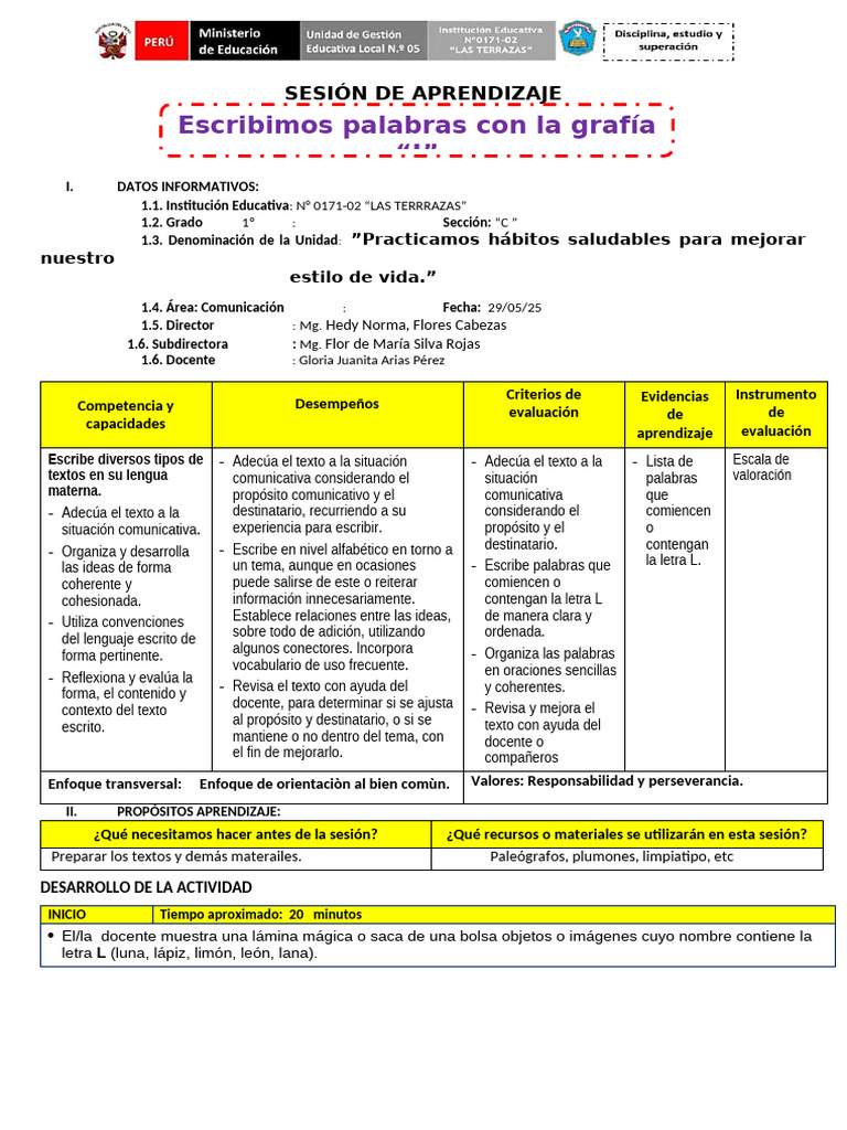 COM. 27-05 Escribimos Palabras Con La Grafia L | PDF | Escritura ...