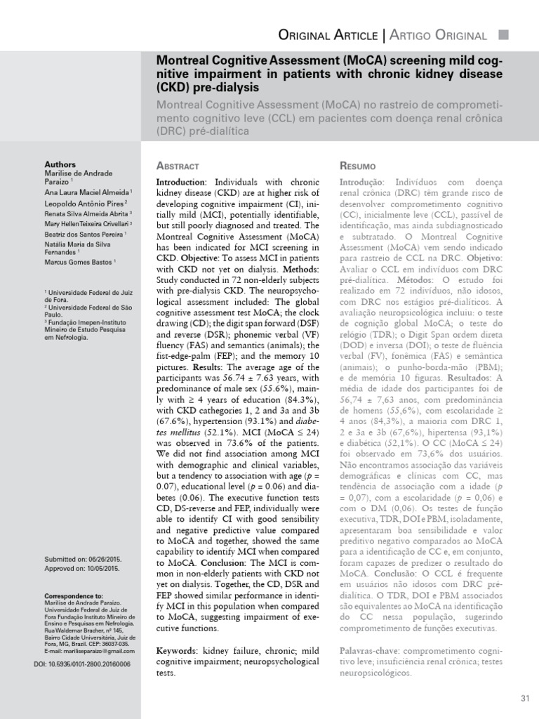 MoCA for Mild Cognitive Impairment in CKD | PDF | Chronic Kidney ...