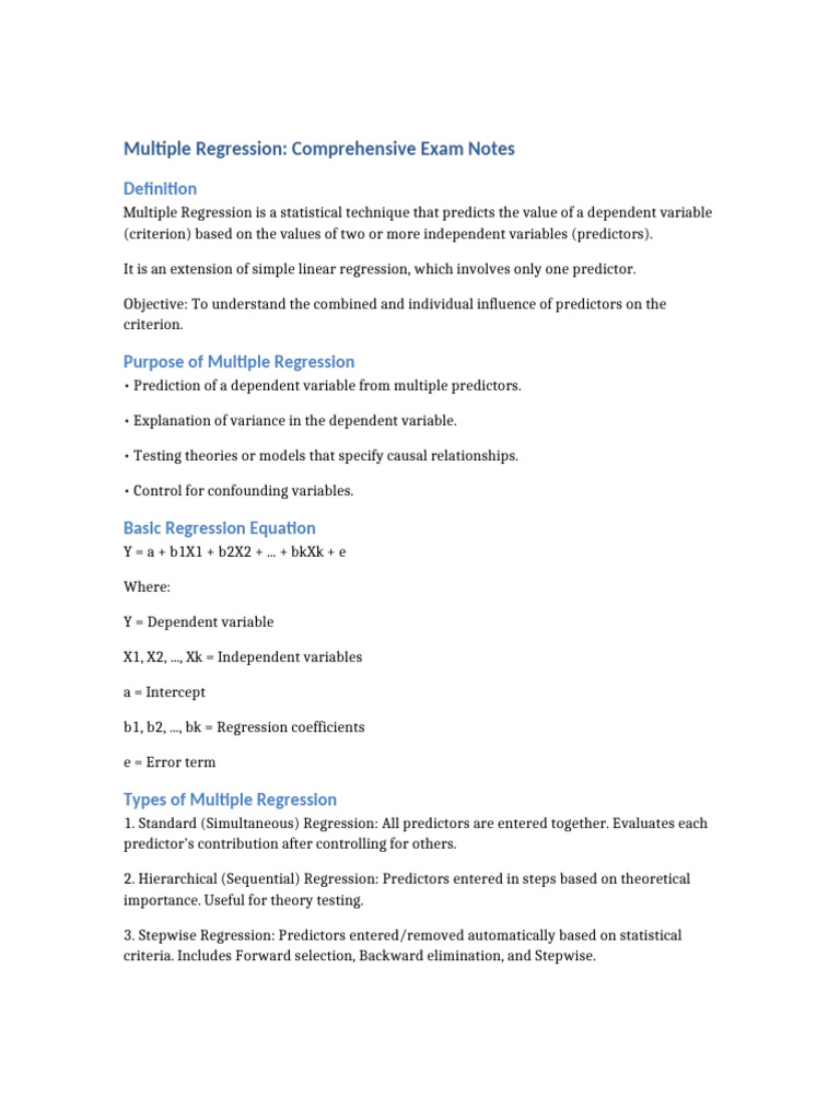 Multiple Regression Exam Notes Guide | PDF | Regression Analysis ...
