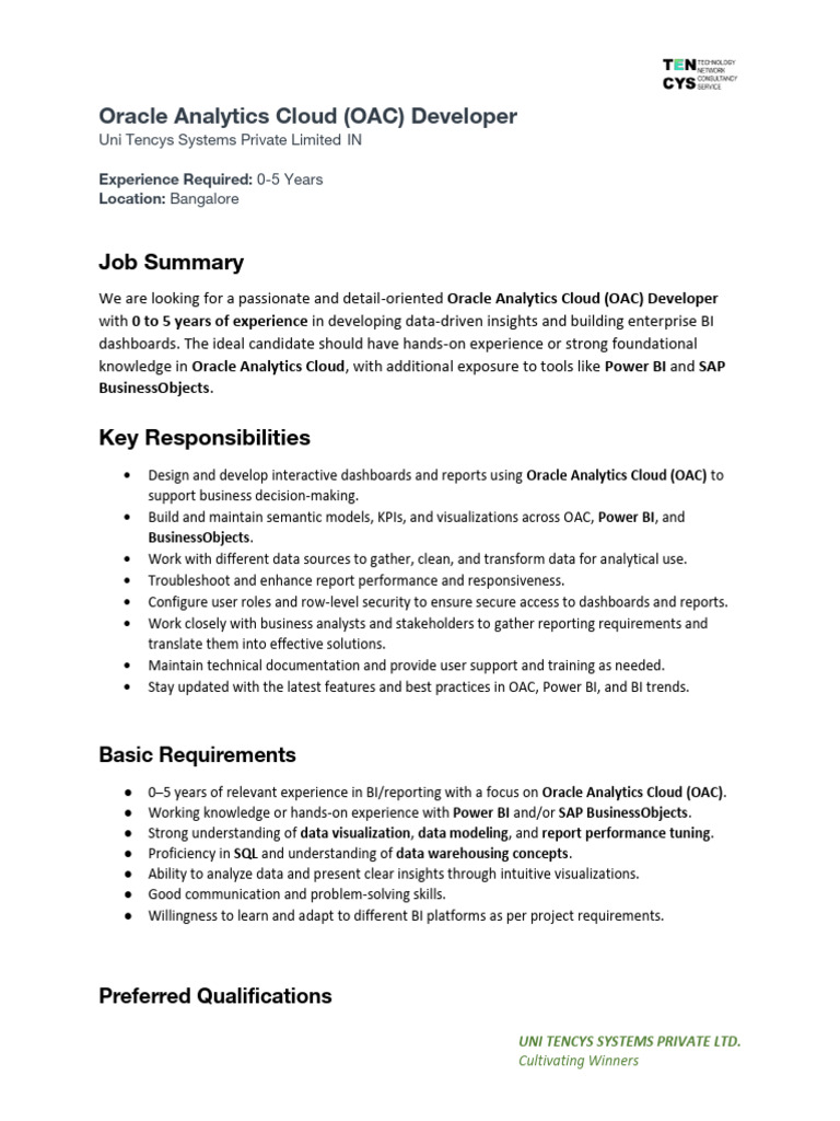 OAC Developer Position at Uni Tencys | PDF | Cloud Computing | Analytics