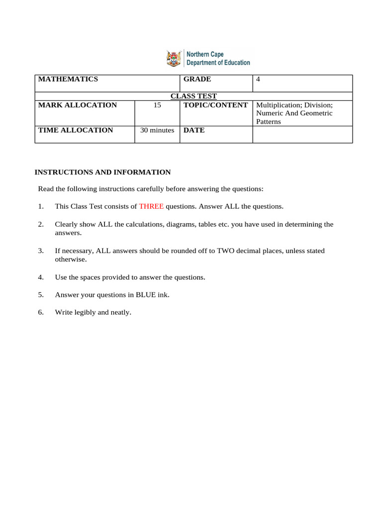 Grade 4 Math Test: Multiplication & Patterns | PDF | Numbers | Mathematics