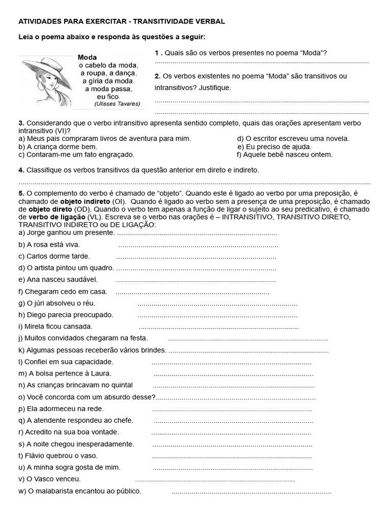 Atividades sobre Transitividade Verbal | PDF | Objeto (gramática ...