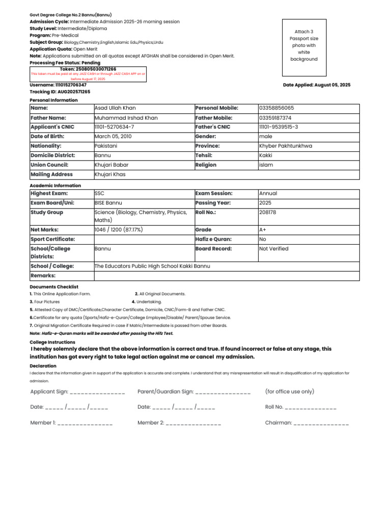 Admission Checklist for Govt Degree College Bannu | PDF