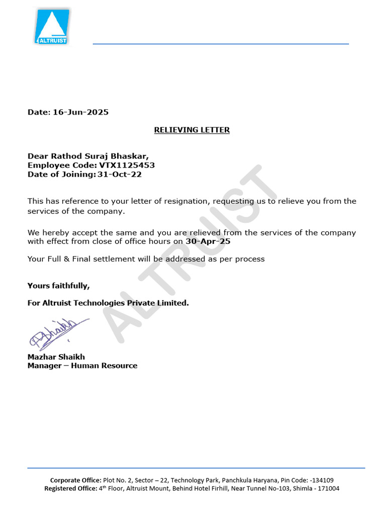 Relieving Letter for Employee Resignation | PDF