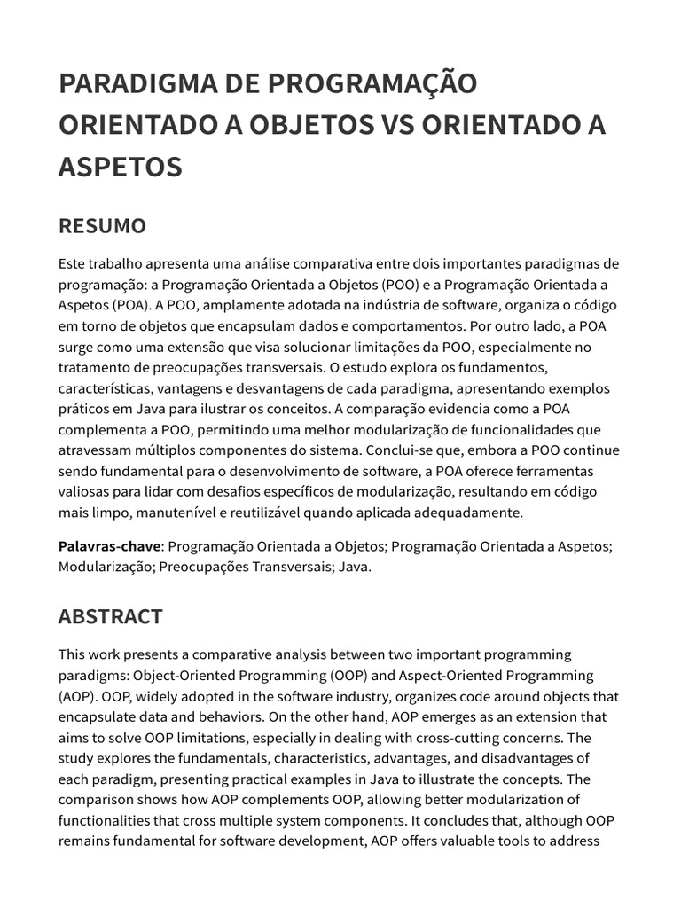 Comparação entre POO e POA em Java | PDF | Programação orientada a ...