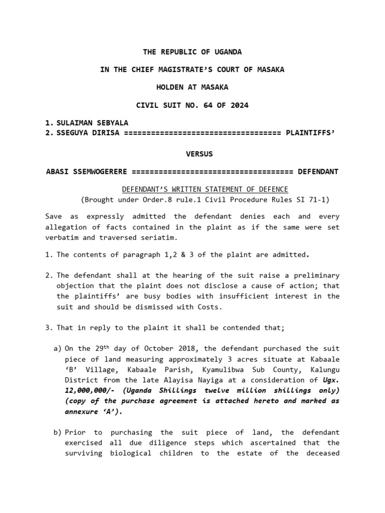 Uganda Civil Suit 64/2024 Defence Statement | PDF | Lawsuit | Common Law