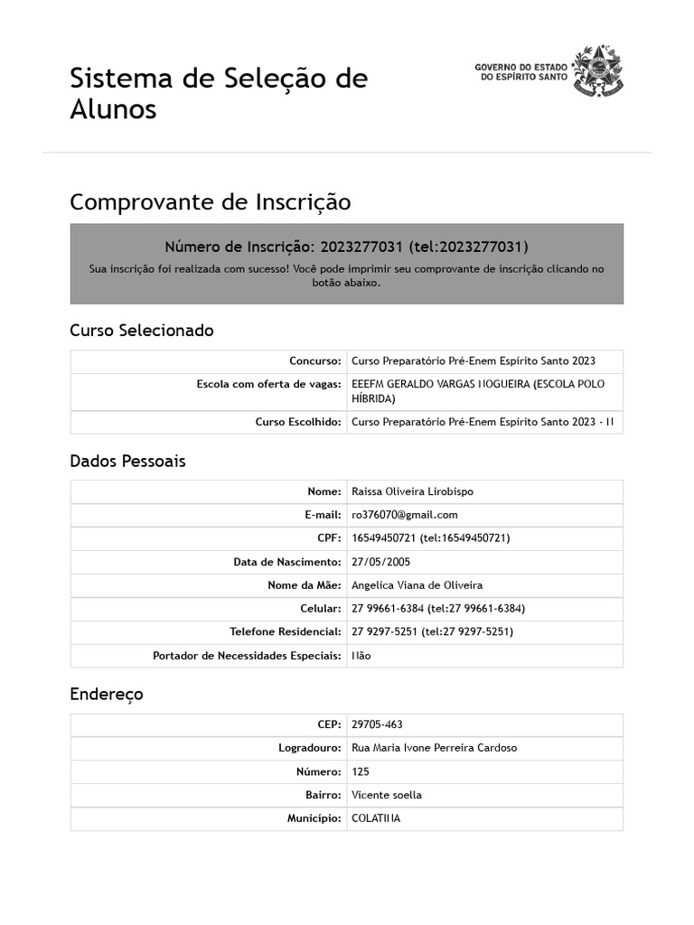 Comprovante de Inscrição Pré-Enem 2023 | PDF