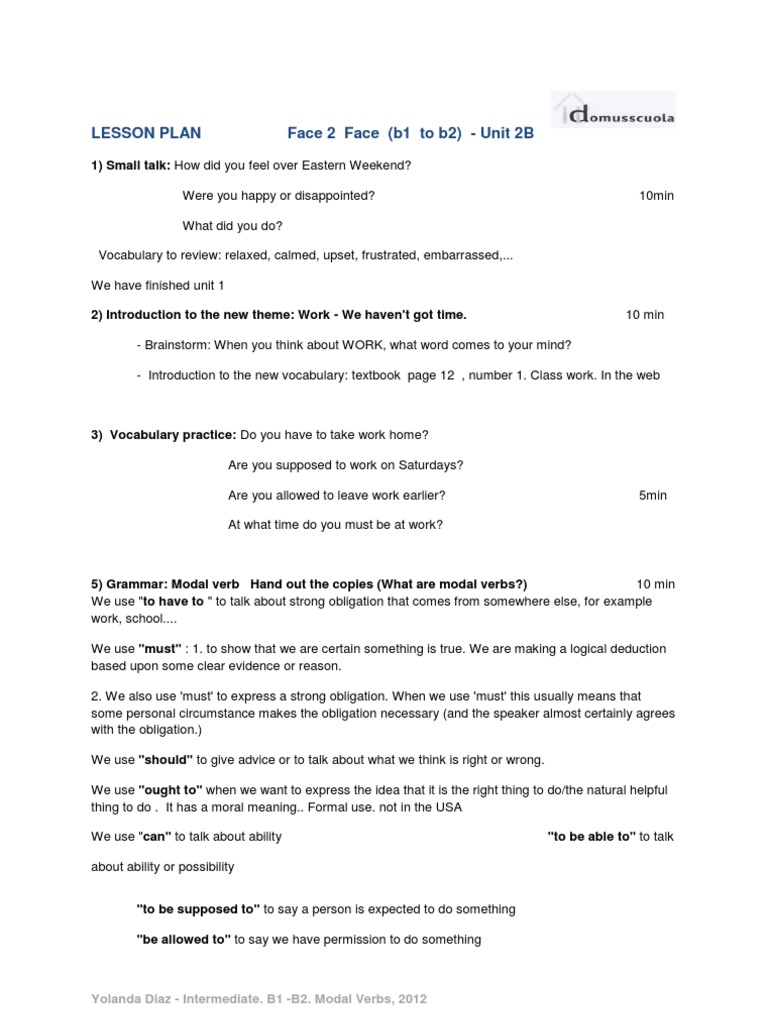 Lesson Plan Face 2 Face (B1 To B2) - Unit 2B | PDF | Modal Logic | Verb