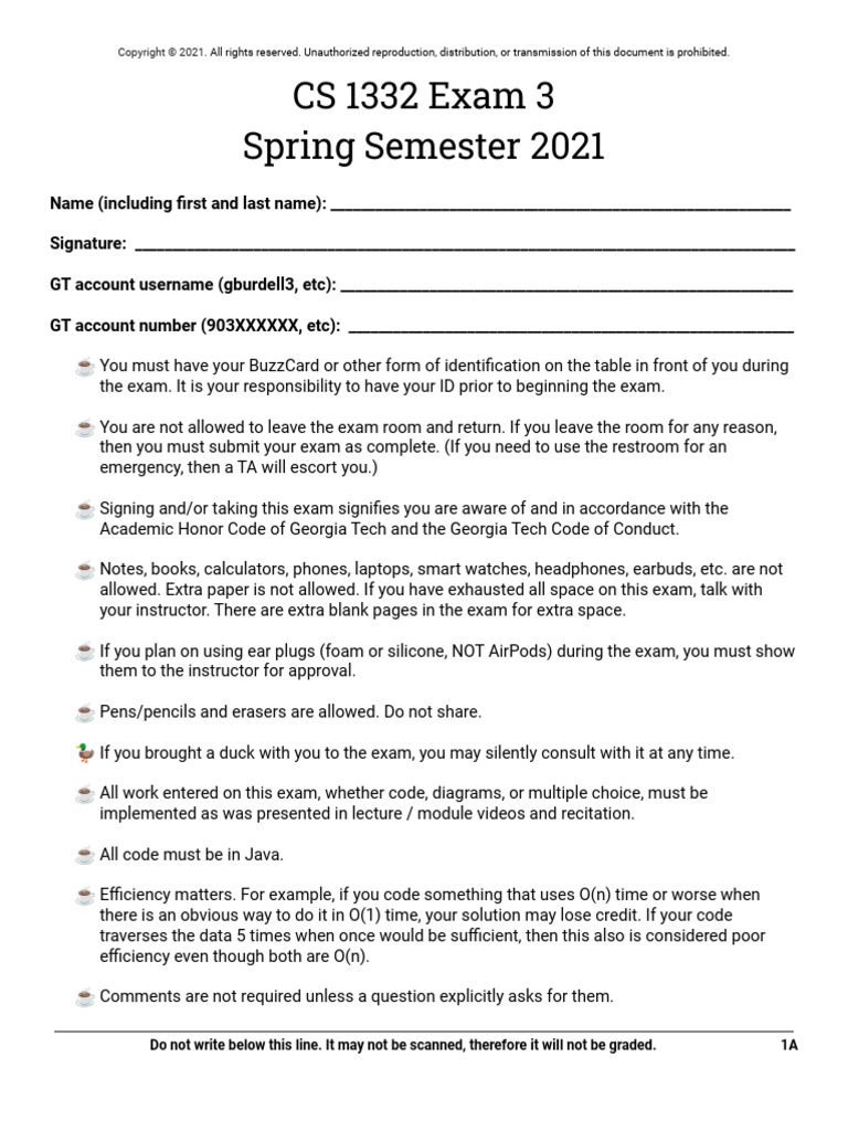 CS 1332 Spring 2021 Exam 3 | PDF | Algorithms | Software Engineering