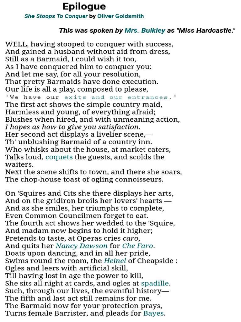 Second Epilogue of She Stoops to Conquer | PDF
