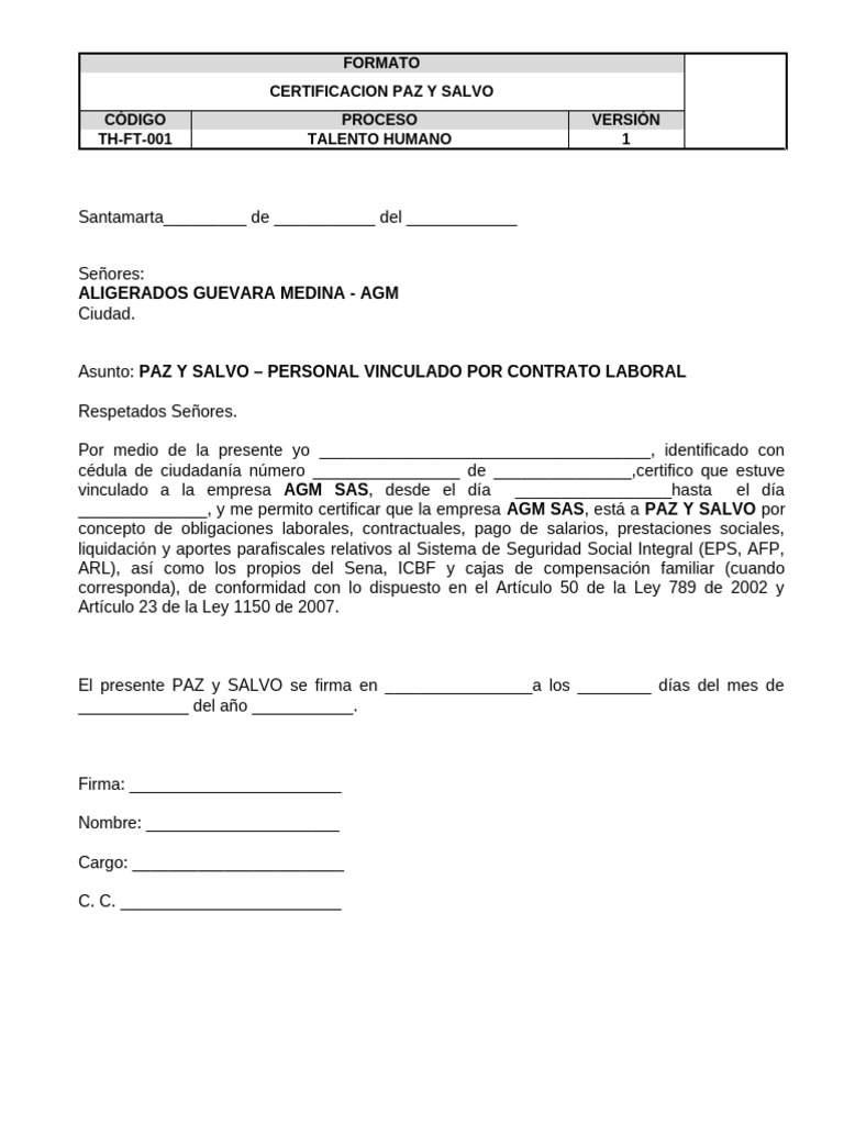 Certificación Paz y Salvo Laboral | PDF