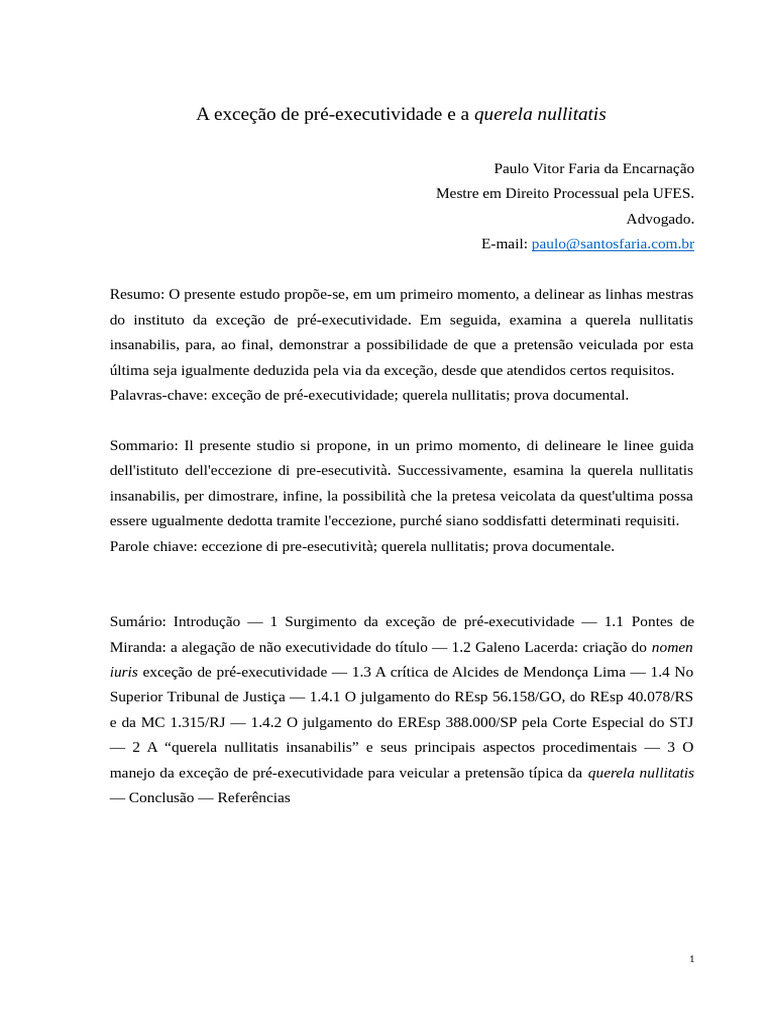 Exceção de Pré-Executividade e Querela Nullitatis | PDF | Sentença ...