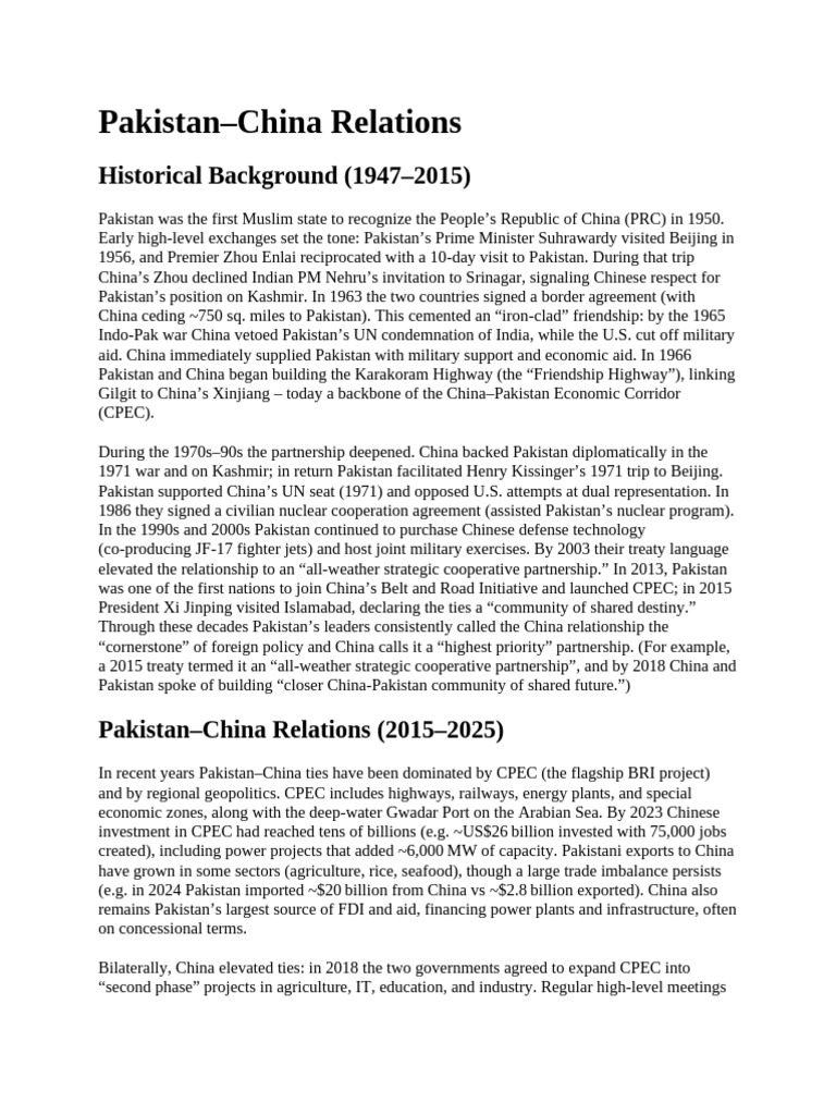 Evolving Pakistan-China Relations 1947-2025 | PDF | Pakistan | China