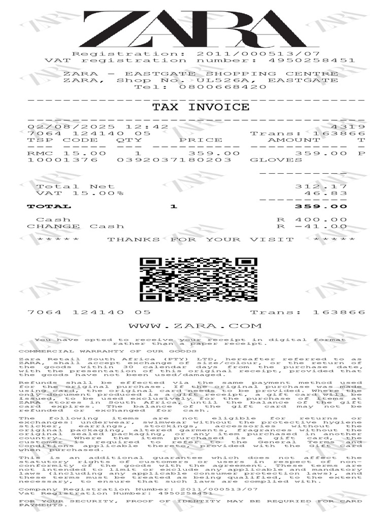 Zara Eastgate Mall Receipt Details | PDF | Receipt | Value Added Tax