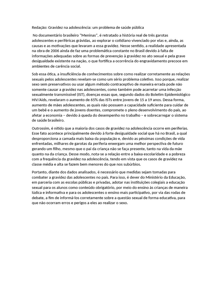 Redação Gravidez Na Adolescencia | PDF | Relação sexual | Adolescência