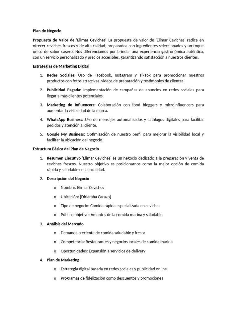 Plan de Negocio | PDF | Plan de negocios | Marketing
