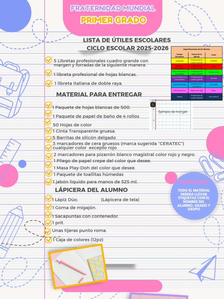 Lista de Útiles Escolares CICLO ESCOLAR 2025-2026: Primer Grado | PDF ...